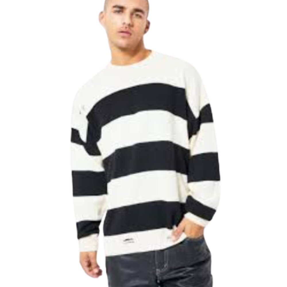 Boohooman Oversized Striped Distressed Sweater Off-White Black Men's Medium